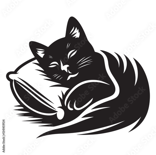 A Cat Sleeping with pillow silhouette vector style on white background.