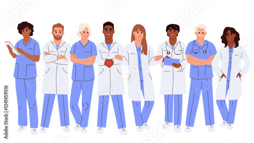 World Health Day. Set of diverse doctors characters. Male and female medical workers - doctors, physicians, paramedics, nurses isolated on white background.