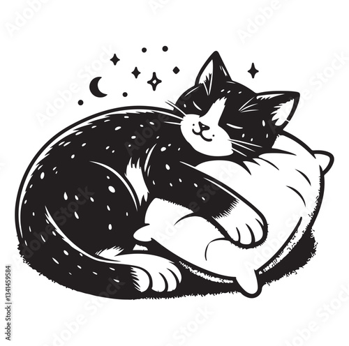 A Cat Sleeping with pillow silhouette vector style on white background.