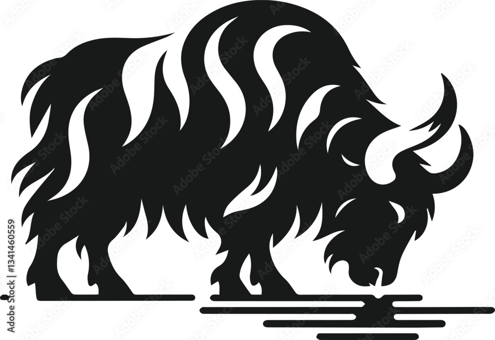 Obraz premium Yak lowering its head to drink water animal vector silhouette