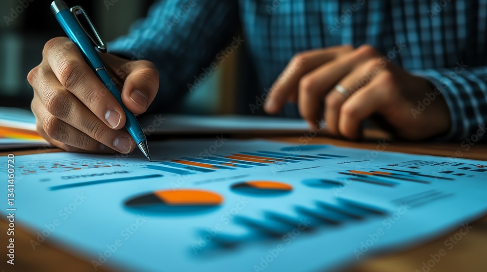 A focused professional examining charts and graphs during a business presentation, with data insights highlighted on a blue background, conveying a sense of expertise A focused professional examining charts and graphs during a business presentation, with data insights highlighted on a blue background, conveying a sense of expertise
