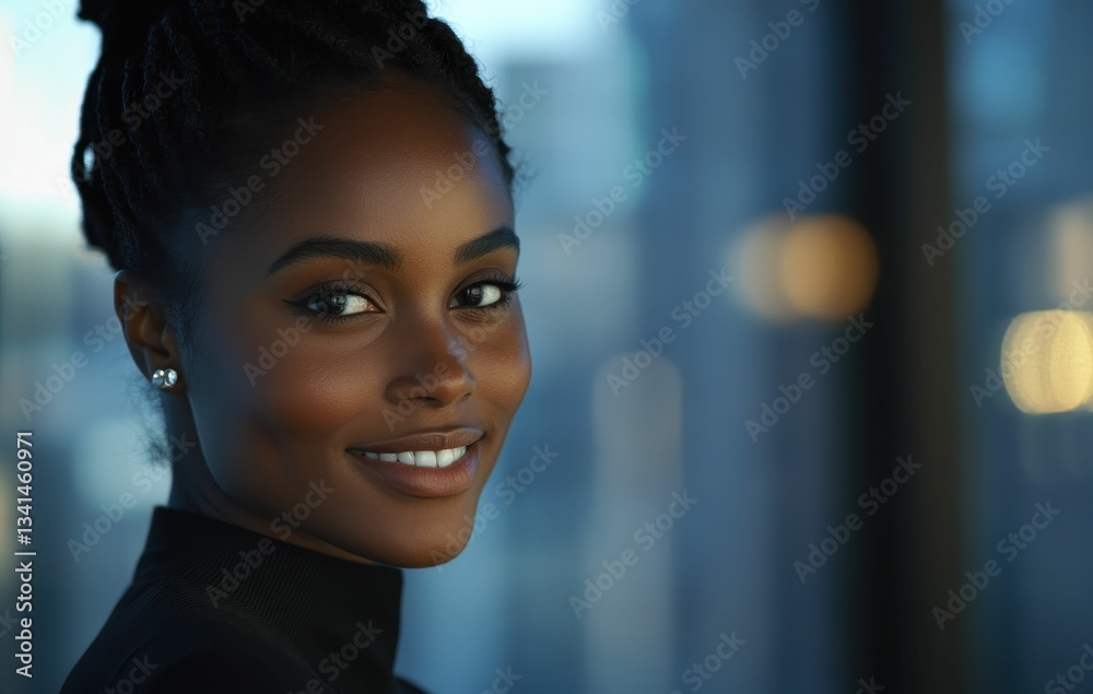 Obraz premium A happy and successful African businesswoman stands confidently in a modern corporate office, her radiant smile reflecting positivity, strength, and optimism.