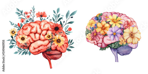 Watercolor human brain decorated with flowers. Brain with flowers in cartoon watercolor style. Concept of mental and mental health. Symbols of brain function.