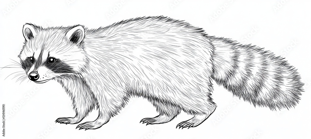 Obraz premium Line Art Illustration of Raccoon, Full-Body Profile, Isolated on White, Adult, Coloring Book