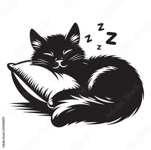 A Cat Sleeping with pillow silhouette vector style on white background.