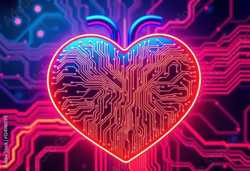 A pulsating neon heart, intricate circuitry embedded within, vibrant glowing lines, circuit board,  innovation
