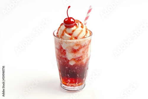 A refreshing cherry soda float with vanilla ice cream and a maraschino cherry on top. photo