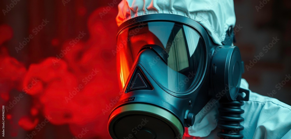 A scientist's gas mask, shielding from unseen dangers, PPE, protection A scientist's gas mask, shielding from unseen dangers, PPE, protection