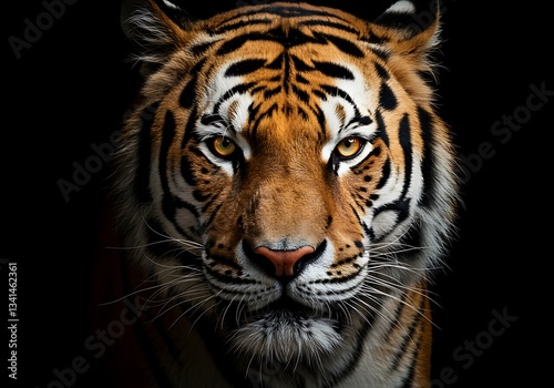 Close-up of a majestic tiger against a black background. Generative Ai