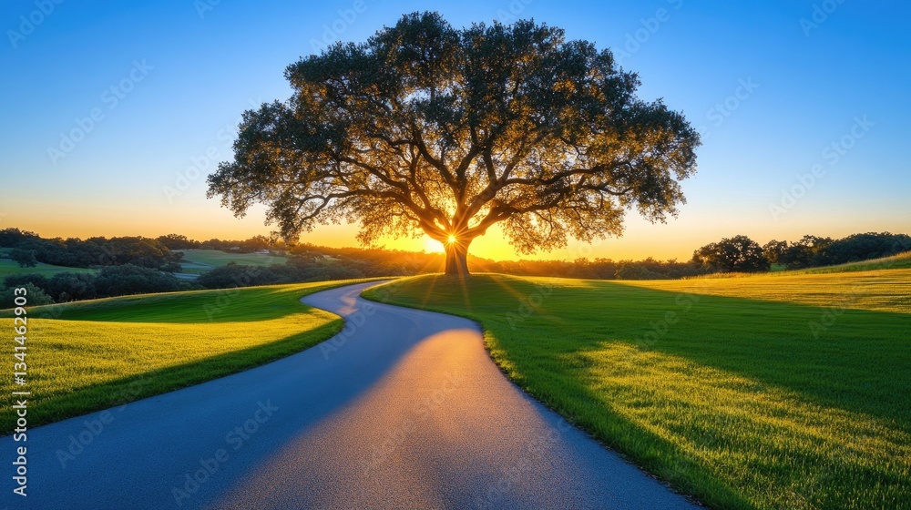 Fototapeta premium A winding asphalt road with a majestic tree in the middle, casting a long shadow at sunrise