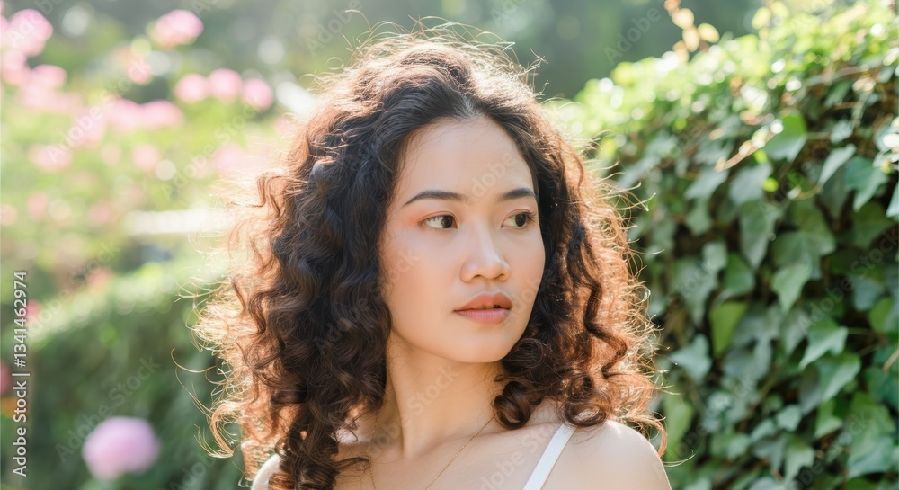 Young asian female with curly hair in garden setting Young asian female with curly hair in garden setting