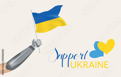 Support Ukraine Concept with Prosthetic Hand Holding Ukrainian Flag. Vector Illustration. Editable image.