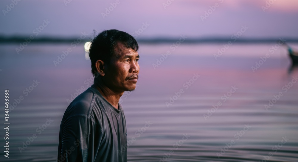 Pensive asian male adult at tranquil sunset by water Pensive asian male adult at tranquil sunset by water