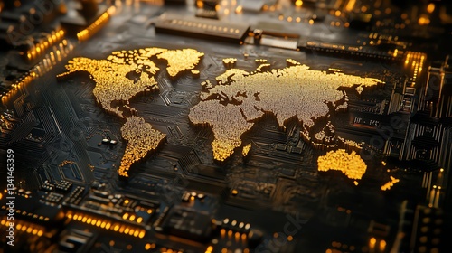 A silicon chip with an embossed world map made of gold nanowires, symbolizing the future of semiconductor trade, highly detailed, futuristic reflections, cinematic lighting photo