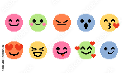 Set of pixelated emoticons stickers. Pixel art emojis with laugh, love, happy, fun, kiss, angry, melting, groovy faces. Message chat expression smiles. 8-bit retro style.