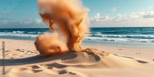 A swirling vortex of dust and sand touches down on a sandy beach near the ocean, whirlwind, dust devil