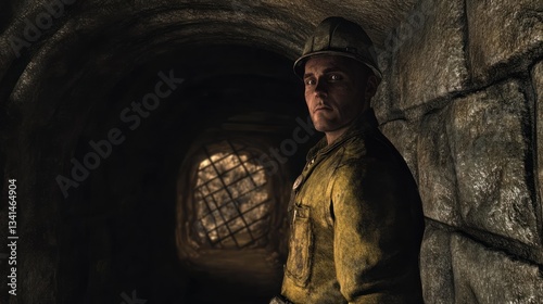 A dedicated coal miner stands near ventilation shaft in a tunnel environment