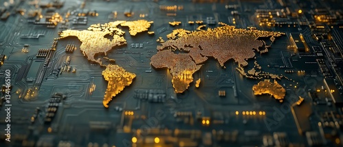 A silicon chip with an embossed world map made of gold nanowires, symbolizing the future of semiconductor trade, highly detailed, futuristic reflections, cinematic lighting photo