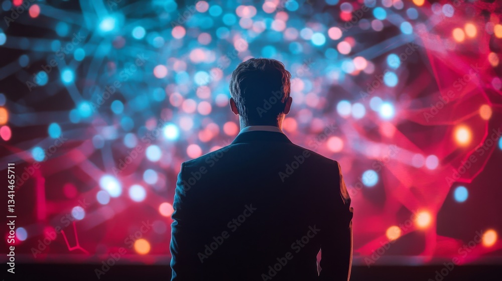 Businessman contemplating a digital network visualization Businessman contemplating a digital network visualization
