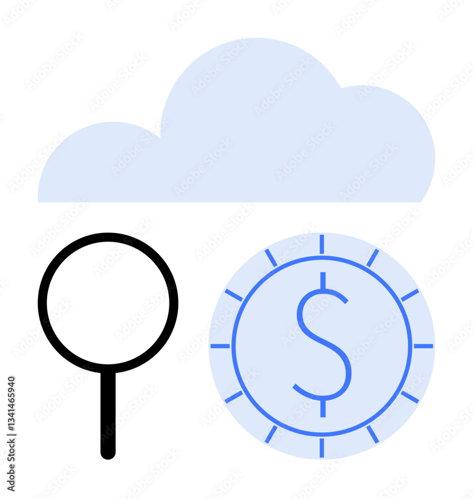 Magnifying glass focusing on digital cloud with dollar coin. Ideal for finance, technology, cloud computing, data search, investment analysis, digital currency, online economy. Flat simple metaphor Magnifying glass focusing on digital cloud with dollar coin. Ideal for finance, technology, cloud computing, data search, investment analysis, digital currency, online economy. Flat simple metaphor