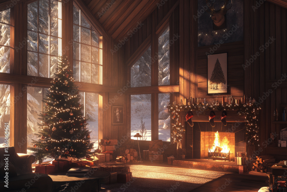 A cozy Christmas cabin 3D background room with a beautifully decorated tree, a roaring fireplace, and large windows revealing a snowy forest outside. The warm holiday lighting and rustic wooden