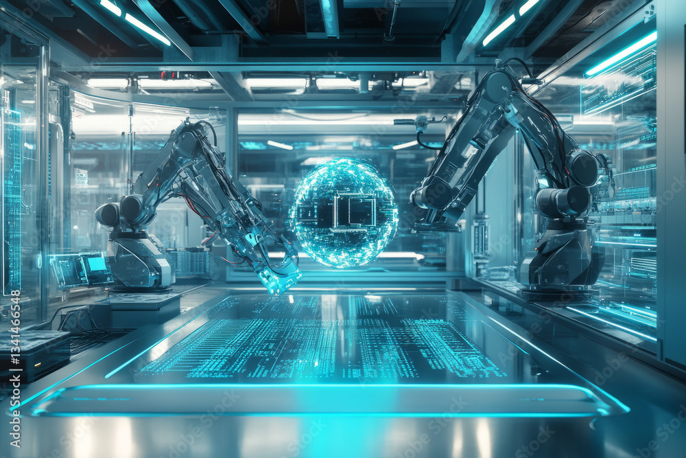 A futuristic AI research lab 3D background room with glowing data streams running through transparent walls, robotic arms assembling microchips, and a massive quantum computer core pulsating with blue