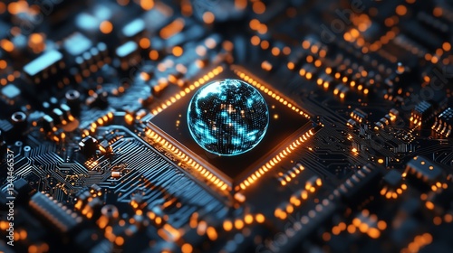 Closeup of a microchip with a pulsating digital Earth embedded within, symbolizing global semiconductor networks, deep blue tones, hightech realism, ultraHD