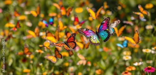 A vibrant swarm of rainbow butterflies dances on a sunny day, design, garden