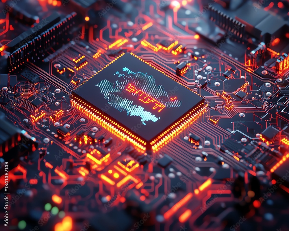 An AIdesigned microchip featuring an intricate world map pattern An AIdesigned microchip featuring an intricate world map pattern