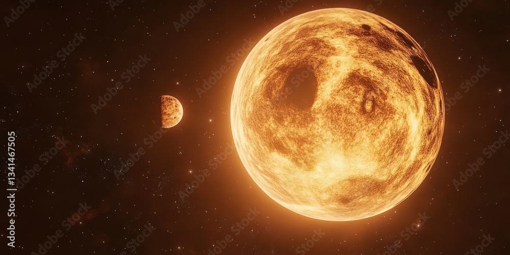 A cosmic 3D background where a massive glowing planet dominates the frame, with a smaller satellite orbiting nearby. The backdrop features a deep starry sky with subtle nebulae, adding depth and