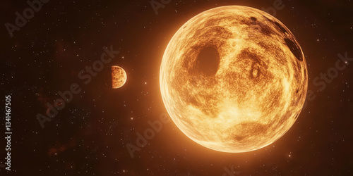 Obraz na płótnie A cosmic 3D background where a massive glowing planet dominates the frame, with a smaller satellite orbiting nearby. The backdrop features a deep starry sky with subtle nebulae, adding depth and w salonie