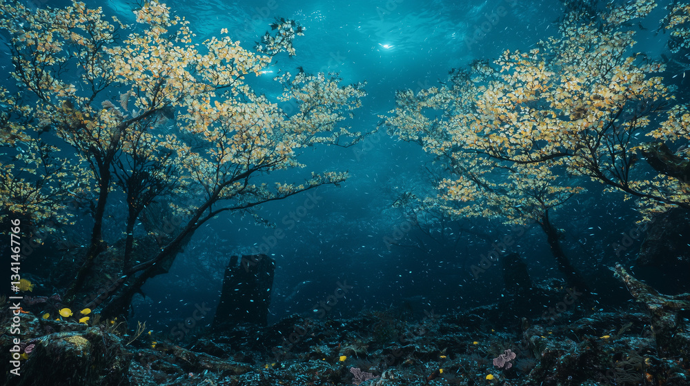 Fototapeta premium 深海に広がる発光する幻想の森