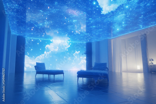 Obraz na płótnie A celestial dreamscape 3D background room with levitating furniture, soft glowing blue mist, and floating constellations embedded in the ceiling. The entire space feels like an ethereal sanctuary w salonie