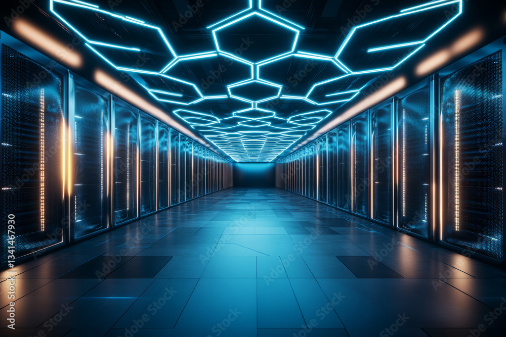 A futuristic data center 3D background where hexagonal tiles serve as the building blocks of a digital interface. Glowing blue and white lines trace connections between cells, forming a network that