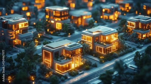 digital 3d isometric illustration of an illuminated futuristic eco-smart city