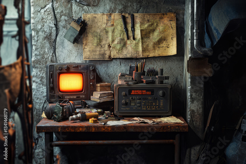 Obraz na płótnie A post-apocalyptic survival hideout 3D background room with scavenged supplies stacked against cracked concrete walls, old maps pinned to a rusted metal table, a dimly glowing emergency radio, w salonie
