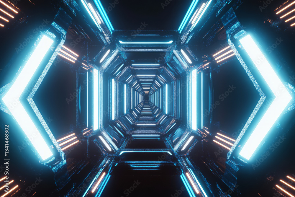 A digital futuristic 3D background with hexagons arranged in a perfectly symmetrical pattern across a reflective surface. The interlocking cells are illuminated by pulsating white and blue neon lights