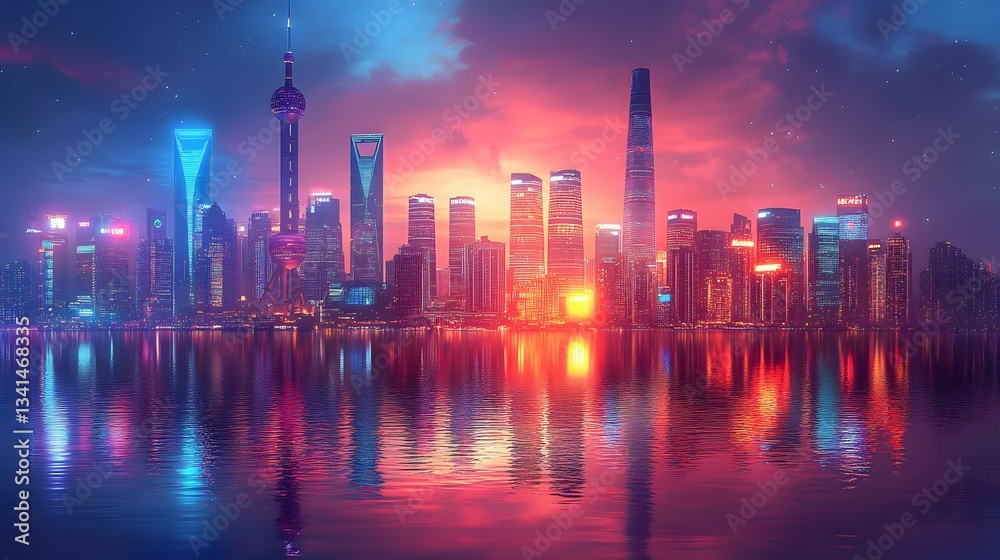 Fototapeta premium Futuristic city skyline with modern high-tech architecture simple digital illustration