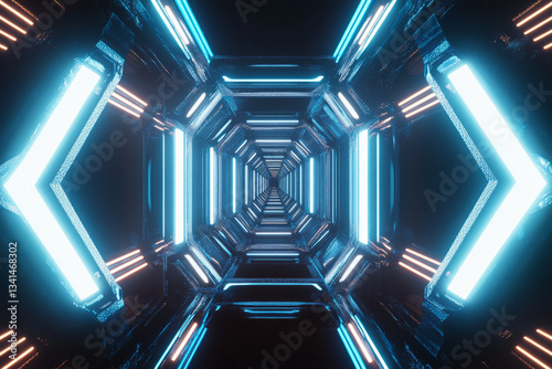 Obraz na płótnie A digital futuristic 3D background with hexagons arranged in a perfectly symmetrical pattern across a reflective surface. The interlocking cells are illuminated by pulsating white and blue neon lights w salonie