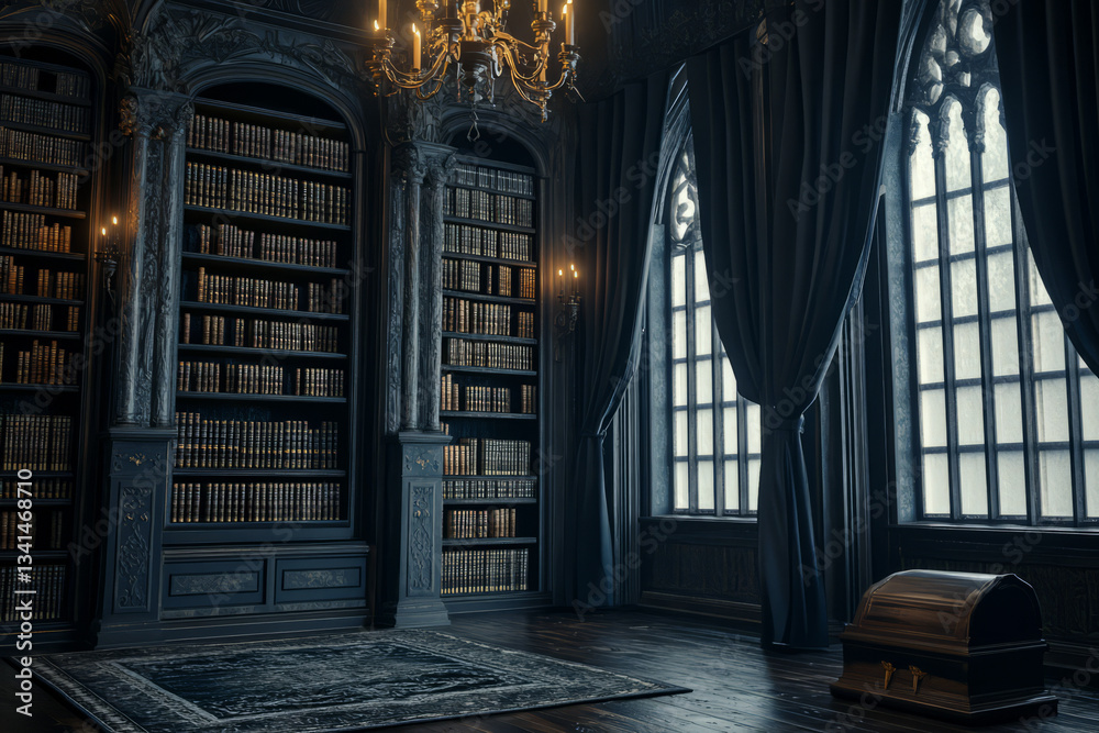 A gothic vampire’s castle chamber 3D background room with towering bookshelves filled with ancient tomes, black velvet drapes covering massive windows, dimly glowing candelabras casting flickering
