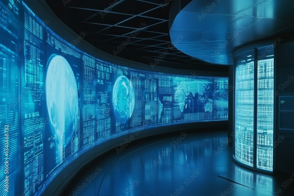A moon base research facility 3D background room with anti-gravity chambers, a panoramic view of Earth through reinforced glass, and sleek metallic walls covered in scientific data projections. The