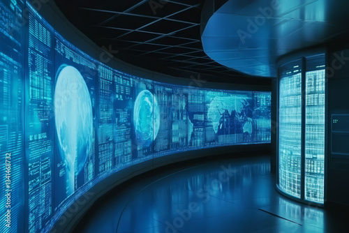Obraz na płótnie A moon base research facility 3D background room with anti-gravity chambers, a panoramic view of Earth through reinforced glass, and sleek metallic walls covered in scientific data projections. The w salonie