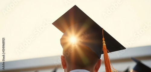 Black graduation cap thrown high, sunlight glinting off the tassel, progress, learning