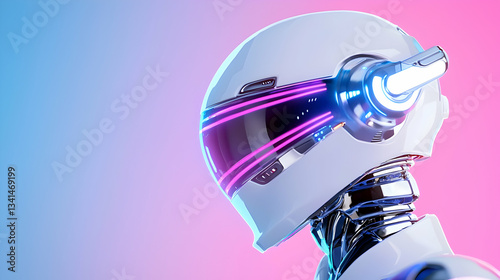 Cybernetic Robot Head with Neon Lights in Pink and Blue Gradient Background