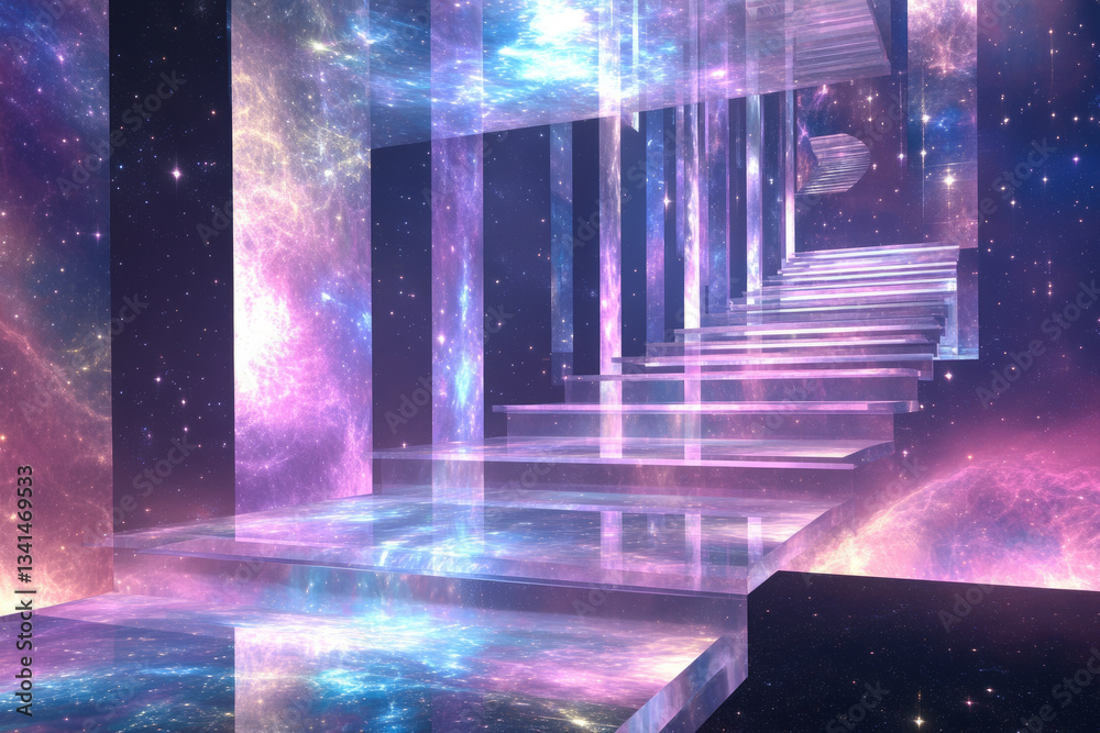 A floating celestial temple 3D background room, suspended among the stars with glowing staircases leading to different levels. The floor is made of translucent crystal, reflecting cosmic nebulae,