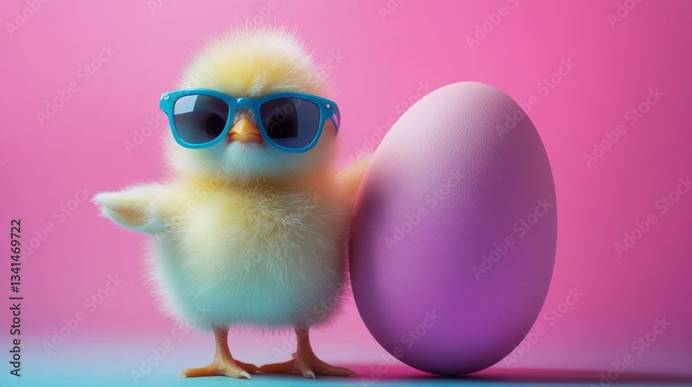 Fototapeta premium Cute Chick in Sunglasses Next to a Pastel Egg on a Colorful Background