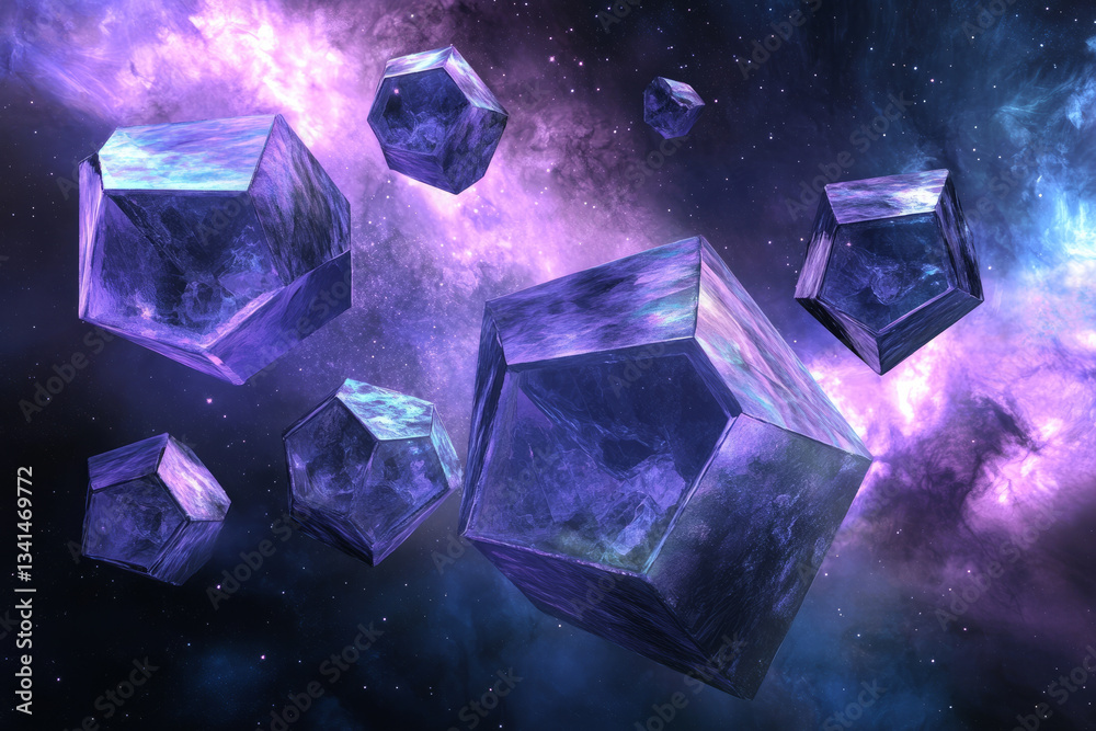 A surreal 3D background where giant crystalline hexagons float in a cosmic void. Each hexagon emits a soft, ambient glow in shades of violet and indigo, while distant star clusters and nebulae create