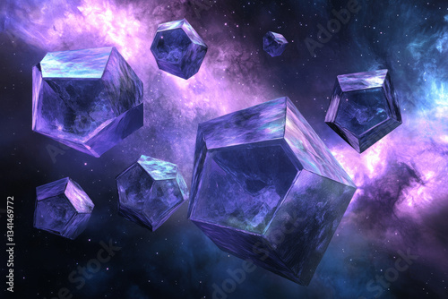 Obraz na płótnie A surreal 3D background where giant crystalline hexagons float in a cosmic void. Each hexagon emits a soft, ambient glow in shades of violet and indigo, while distant star clusters and nebulae create w salonie