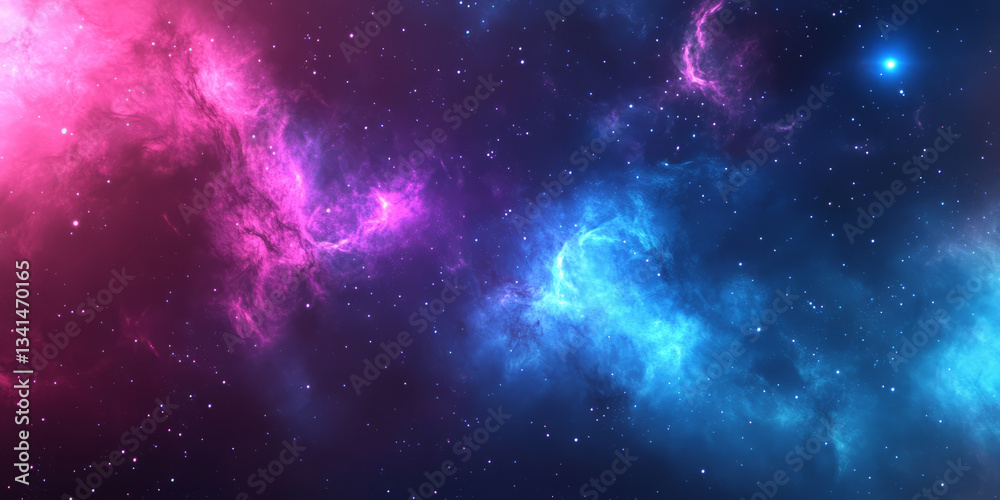 A cosmic 3D background of an alien nebula with swirling clouds of vibrant blue, purple, and pink gases. The deep space setting and glowing celestial bodies add a sense of vastness and wonder.