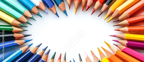 Creative infographicstyle image of bright, diverse figures forming a circle around a set of pencils, symbolizing sales inclusivity and customer focus, vibrant colors, crisp design